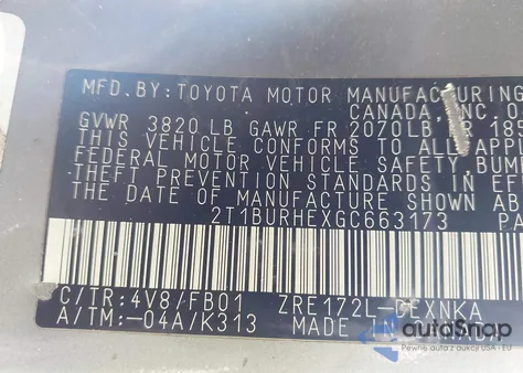 2016 Toyota Corolla Le z USA, uszkodzony, nr VIN 2T1BURHEXGC663173